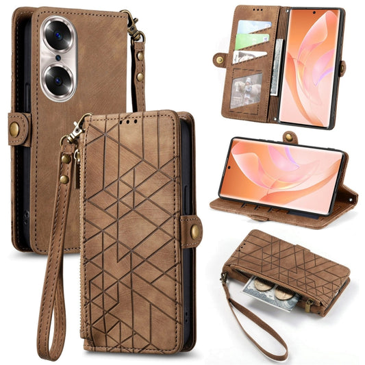 For Honor 60 Pro Geometric Zipper Wallet Side Buckle Leather Phone Case(Brown) - Honor Cases by buy2fix | Online Shopping UK | buy2fix