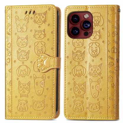 For iPhone 15 Pro Max Cat and Dog Embossed Leather Phone Case(Yellow) - iPhone 15 Pro Max Cases by buy2fix | Online Shopping UK | buy2fix