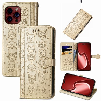 For iPhone 15 Pro Max Cat and Dog Embossed Leather Phone Case(Gold) - iPhone 15 Pro Max Cases by buy2fix | Online Shopping UK | buy2fix