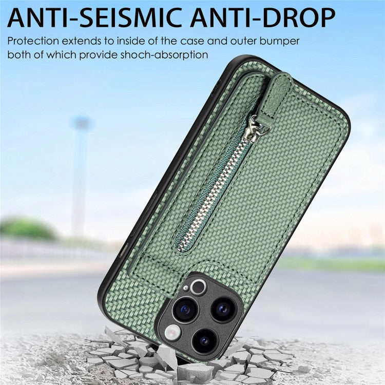 For iPhone 15 Pro Max Carbon Fiber Vertical Flip Zipper Phone Case(Green) - iPhone 15 Pro Max Cases by buy2fix | Online Shopping UK | buy2fix