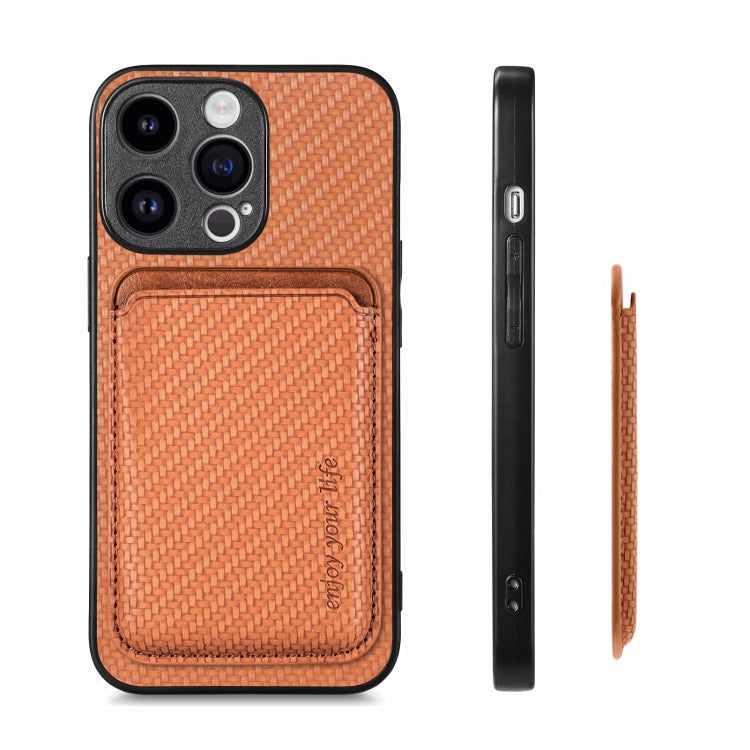 For iPhone 15 Pro Max Carbon Fiber Leather Card Magsafe Phone Case(Brown) - iPhone 15 Pro Max Cases by buy2fix | Online Shopping UK | buy2fix