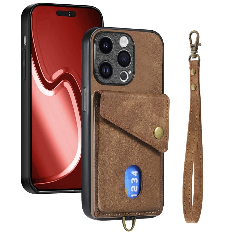 For iPhone 15 Pro Max Retro Card Wallet Fold Leather Phone Case with Strap(Brown) - iPhone 15 Pro Max Cases by buy2fix | Online Shopping UK | buy2fix