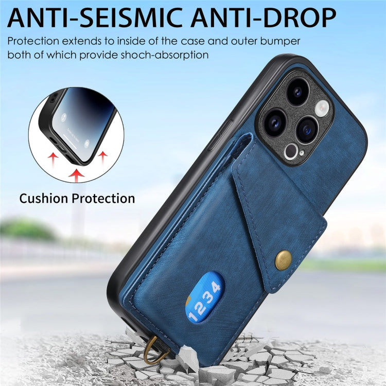 For iPhone 15 Pro Max Retro Card Wallet Fold Leather Phone Case with Strap(Blue) - iPhone 15 Pro Max Cases by buy2fix | Online Shopping UK | buy2fix