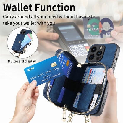 For iPhone 15 Pro Max Crossbody Multi-function Zipper Wallet Phone Case(Blue) - iPhone 15 Pro Max Cases by buy2fix | Online Shopping UK | buy2fix