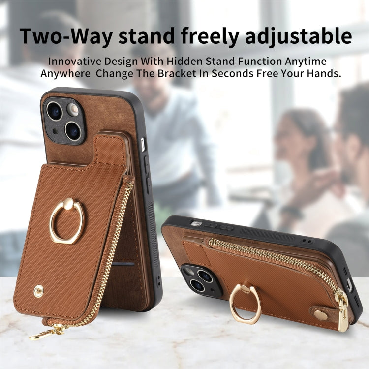 For iPhone 15 Pro Max Cross Leather Ring Vertical Zipper Wallet Back Phone Case(Brown) - iPhone 15 Pro Max Cases by buy2fix | Online Shopping UK | buy2fix