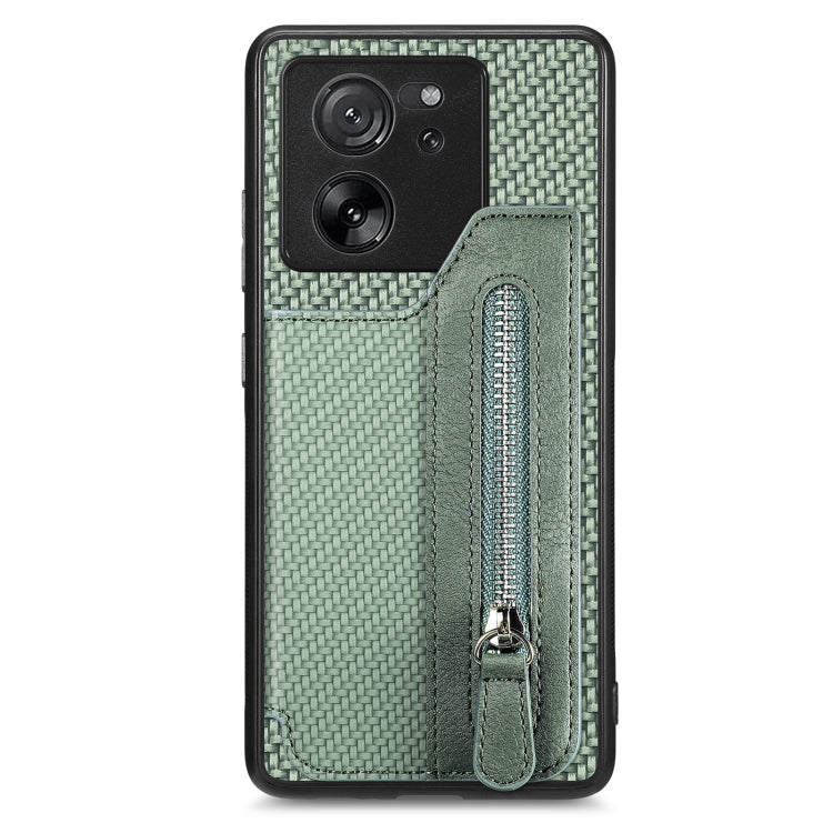 For Xiaomi 13T / 13T Pro Carbon Fiber Flip Zipper Wallet Phone Case(Green) - Xiaomi Cases by buy2fix | Online Shopping UK | buy2fix