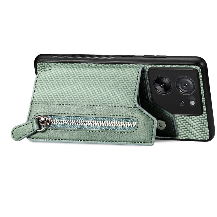 For Xiaomi 13T / 13T Pro Carbon Fiber Flip Zipper Wallet Phone Case(Green) - Xiaomi Cases by buy2fix | Online Shopping UK | buy2fix