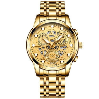 FNGEEN 4088 Men Hollow Quartz Watch Student Waterproof Luminous Watch(Full Gold Gold Surface) - Alloy Watches by FNGEEN | Online Shopping UK | buy2fix