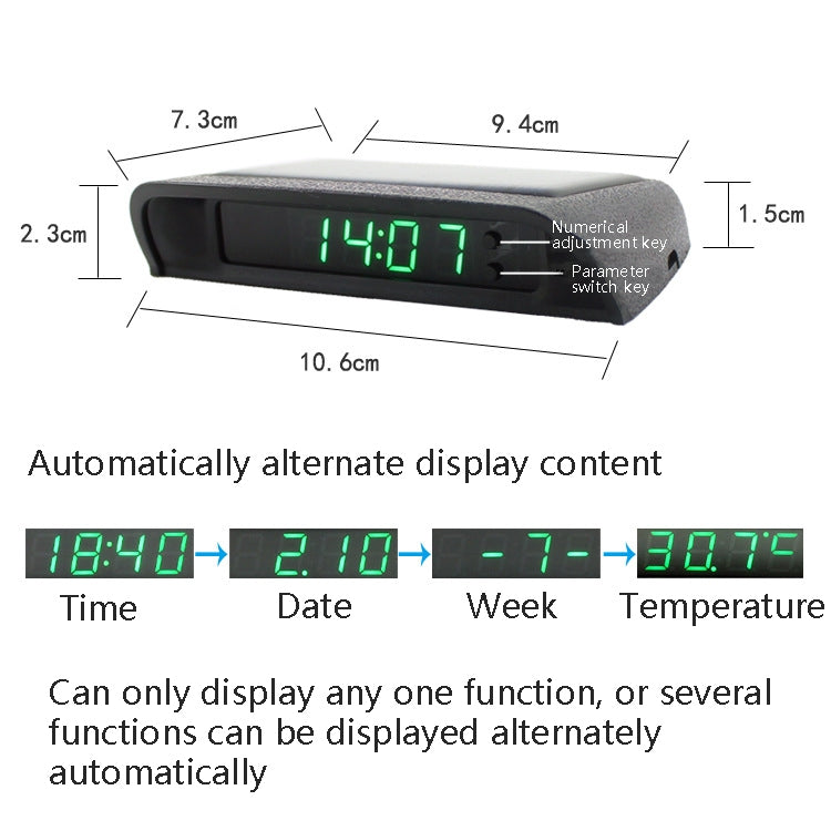 Solar Night Light Car Clock Automotive Electronic Clock Temperature Time+Date+Week+Temperature(Green Light) - In Car by buy2fix | Online Shopping UK | buy2fix