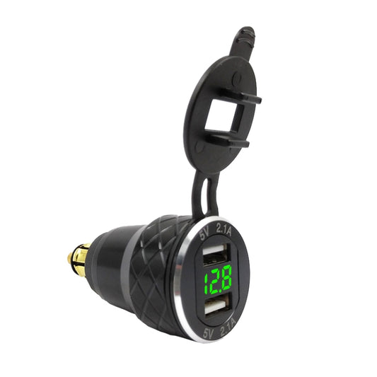 Car Motorcycle USB Charger Metal With Voltage Display Car Charger EU Plug(Black Green Display) - In Car by buy2fix | Online Shopping UK | buy2fix
