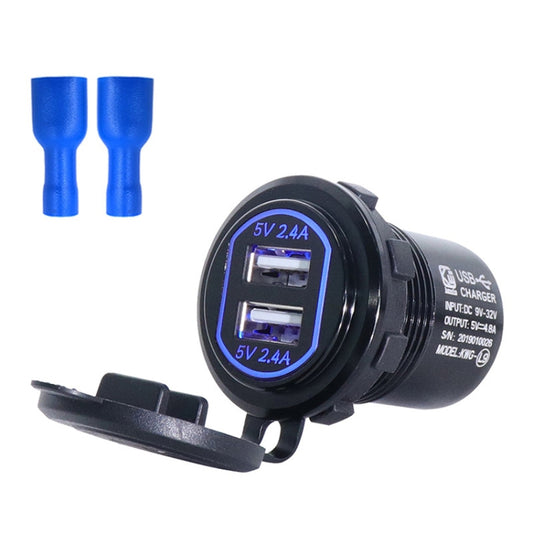 Metal Double USB Car Charger 5V 4.8A Aluminum Alloy Car Charger(Black Shell Blue Light With Terminal) - In Car by buy2fix | Online Shopping UK | buy2fix