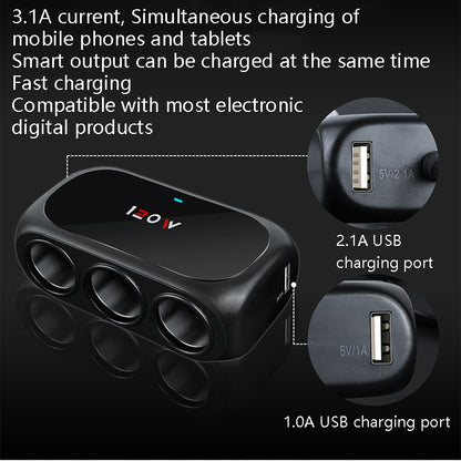2 PCS Car Charger Cigarette Lighter 1 In 3 Mobile Phone USB Car Charger(Black) - In Car by buy2fix | Online Shopping UK | buy2fix