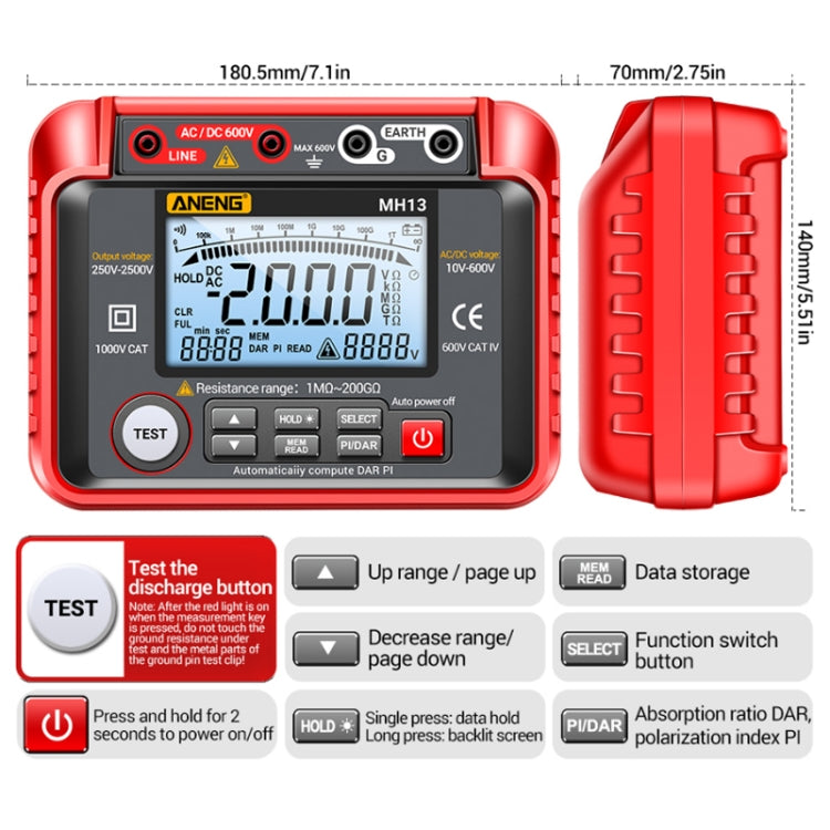 ANENG MH13 High Voltage Digital Electronic Meter Insulation Resistance Tester(Red) - Current & Voltage Tester by ANENG | Online Shopping UK | buy2fix