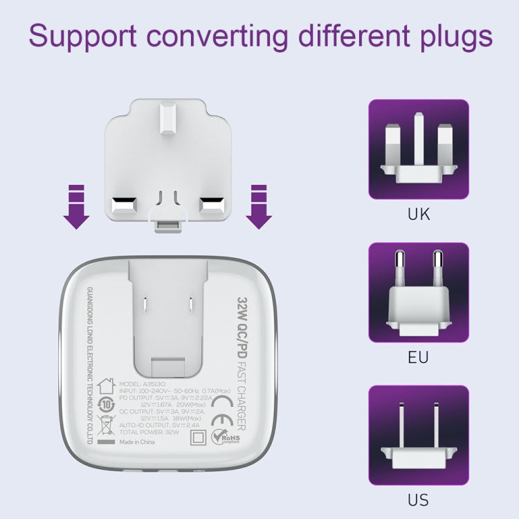 LDNIO A3513Q 32W QC3.0 3 USB Ports Phone Adapter EU Plug with Type C to 8 Pin Cable - USB Charger by LDNIO | Online Shopping UK | buy2fix