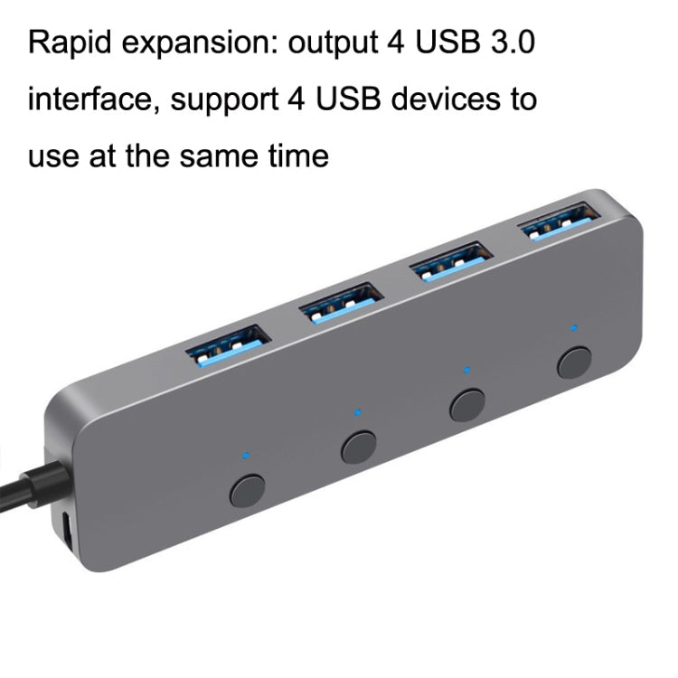 HS0059 Independent Switch USB 3.0 4 Ports Extension Type-C / USB-C Aluminum Alloy HUB, Cable Length: 120cm - USB 3.0 HUB by buy2fix | Online Shopping UK | buy2fix