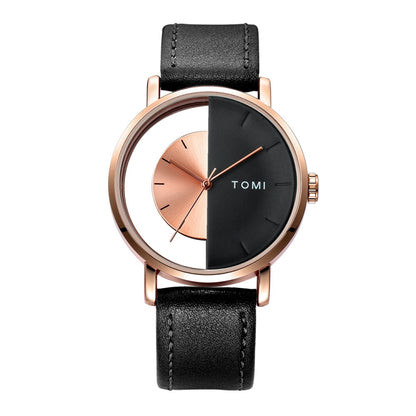 TOMI T080 Hollow Design Half See-through Unisex Quartz Watch(Black Brown Face Black Strap) - Leather Strap Watches by buy2fix | Online Shopping UK | buy2fix