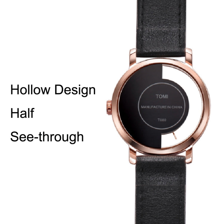 TOMI T080 Hollow Design Half See-through Unisex Quartz Watch(Black Brown Face Black Strap) - Leather Strap Watches by buy2fix | Online Shopping UK | buy2fix