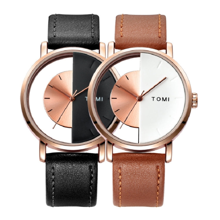 TOMI T080 Hollow Design Half See-through Unisex Quartz Watch(Black White Face Brown Strap) - Leather Strap Watches by buy2fix | Online Shopping UK | buy2fix