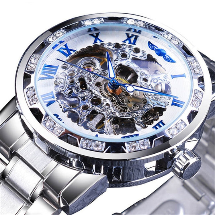 Winner Leisure Skeleton Diamond Luminous Pointer Watch Men Manual Mechanical Watch(Silver Belt Silver Shell White Face) - Metal Strap Watches by Winner | Online Shopping UK | buy2fix