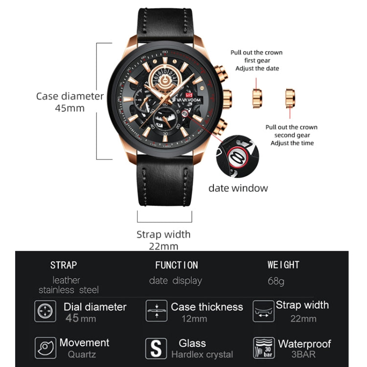 VAVA VOOM 2311P-JK Black Gold Shell Brown Belt Men Waterproof Sports Luminous Calendar Casual Quartz Hollow Watch - Sport Watches by VAVA VOOM | Online Shopping UK | buy2fix