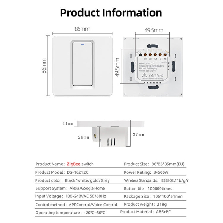 Tuya ZigBee Smart Single-fire Zero-fire Sharing Switch Phone Control Voice Panel EU Plug, Spec: 3 Buttons - Consumer Electronics by buy2fix | Online Shopping UK | buy2fix