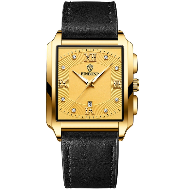 BINBOND B4143 Rectangular Outdoor Men Waterproof Quartz Watches(Black Leather-Full Gold-Gold) - Metal Strap Watches by BINBOND | Online Shopping UK | buy2fix