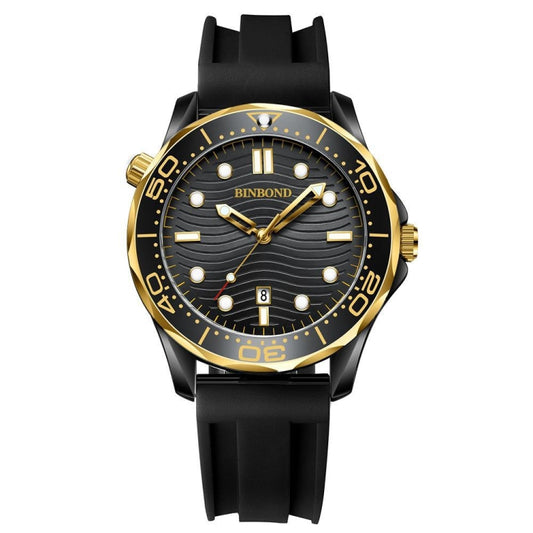 Black Silicon Inter-gold Black BINBOND B2820 Luminous 30m Waterproof Men Sports Quartz Watch - Silicone Strap Watches by BINBOND | Online Shopping UK | buy2fix