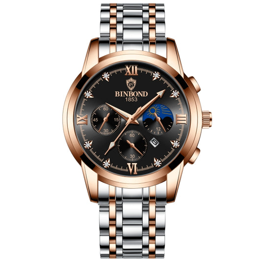 BINBOND B3591 30m Waterproof Luminous Calendar Men Watch, Color: Rose Gold-Black - Metal Strap Watches by BINBOND | Online Shopping UK | buy2fix