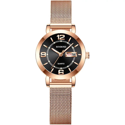 BINBOND B5907 Luminous Quartz Ladies Watch 30M Waterproof Calendar Steel Belt Watch(Black) - Metal Strap Watches by BINBOND | Online Shopping UK | buy2fix