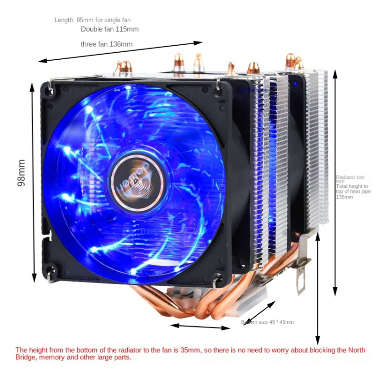 Desktop Computer Double Copper Tube CPU Radiator Super Quiet Blue Light 3-pin Double Fan - Fan Cooling by buy2fix | Online Shopping UK | buy2fix