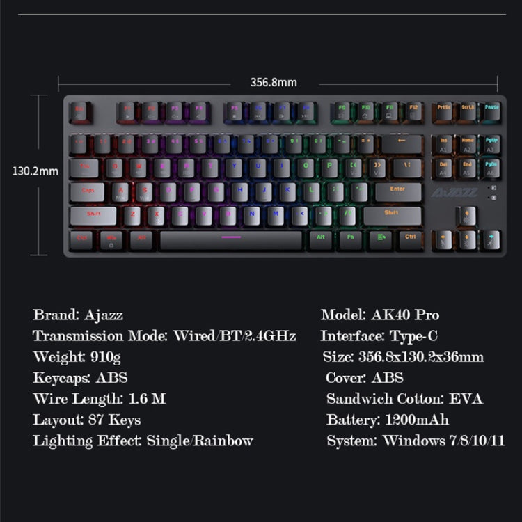 Ajazz AK40pro 87 Keys Bluetooth/Wireless/Wired Three Mode Game Office Mechanical Keyboard Mixed Light Red Shaft (Blue White) - Wireless Keyboard by Ajazz | Online Shopping UK | buy2fix