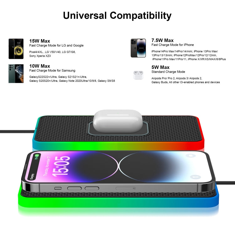 2 In 1 15W Car Mobile Phone Wireless Charger Non-slip Mat with Colorful Light USB Cable 0.3m - Wireless Charging Pads by buy2fix | Online Shopping UK | buy2fix