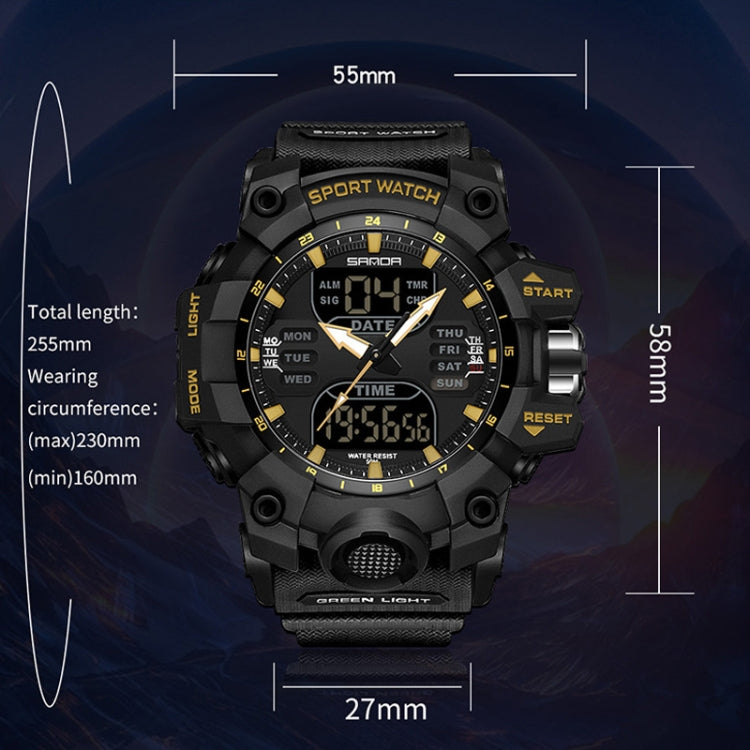 SANDA Green Light Alarm Clock Multifunctional Waterproof Shockproof Transparent Watch(Black Gold) - Silicone Strap Watches by SANDA | Online Shopping UK | buy2fix