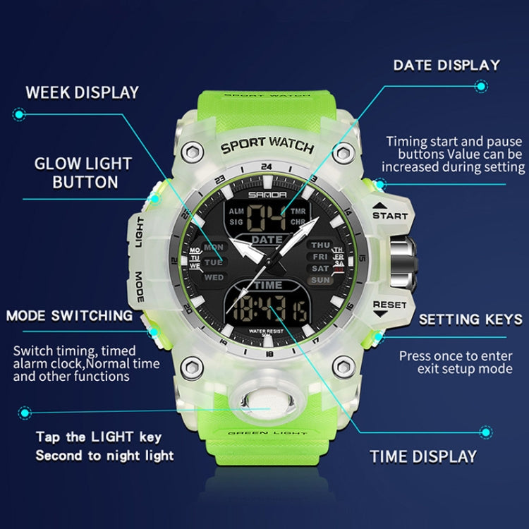 SANDA Green Light Alarm Clock Multifunctional Waterproof Shockproof Transparent Watch(Transparent White) - Silicone Strap Watches by SANDA | Online Shopping UK | buy2fix