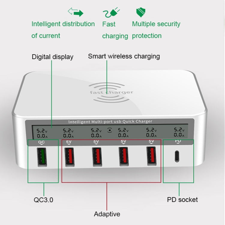 818PF 5 USB Ports + Type-C Smart Digital Display Wireless Phone Charger, Style: AU Plug (White) - Multifunction Charger by buy2fix | Online Shopping UK | buy2fix