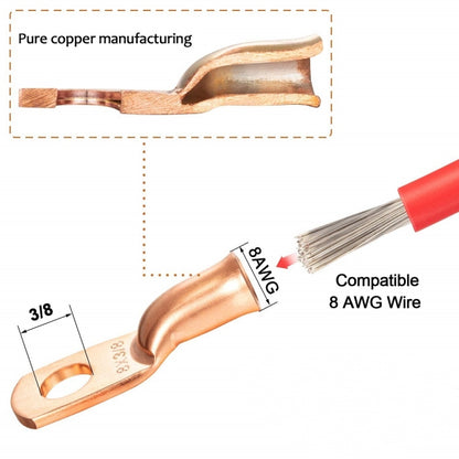 8AWG 3/8" Stud Ring Terminal Solder Cable Bare Copper Hole with Heat Shrink(Single) - Booster Cable & Clip by buy2fix | Online Shopping UK | buy2fix