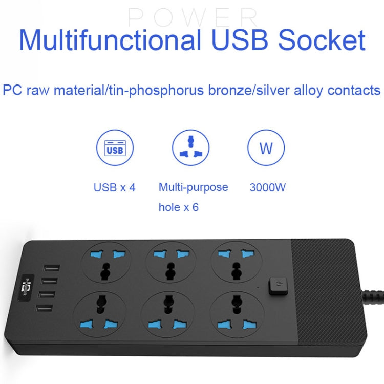 TB-T12 3000W 2m 4-USB Ports + 6-Jacks Multifunctional Flame-Retardant Socket With Switch(UK Plug) - Extension Socket by buy2fix | Online Shopping UK | buy2fix