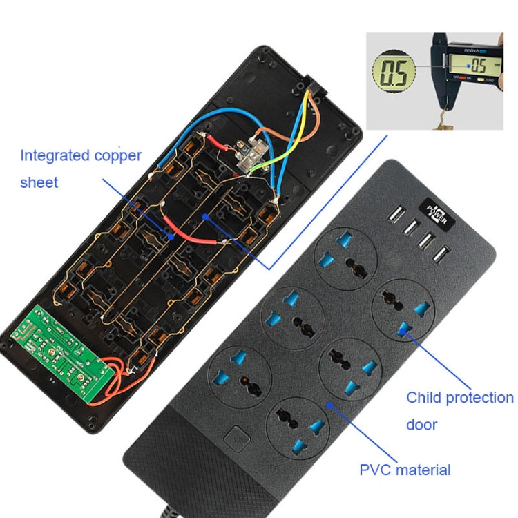 TB-T12 3000W 2m 4-USB Ports + 6-Jacks Multifunctional Flame-Retardant Socket With Switch(US Plug) - Extension Socket by buy2fix | Online Shopping UK | buy2fix