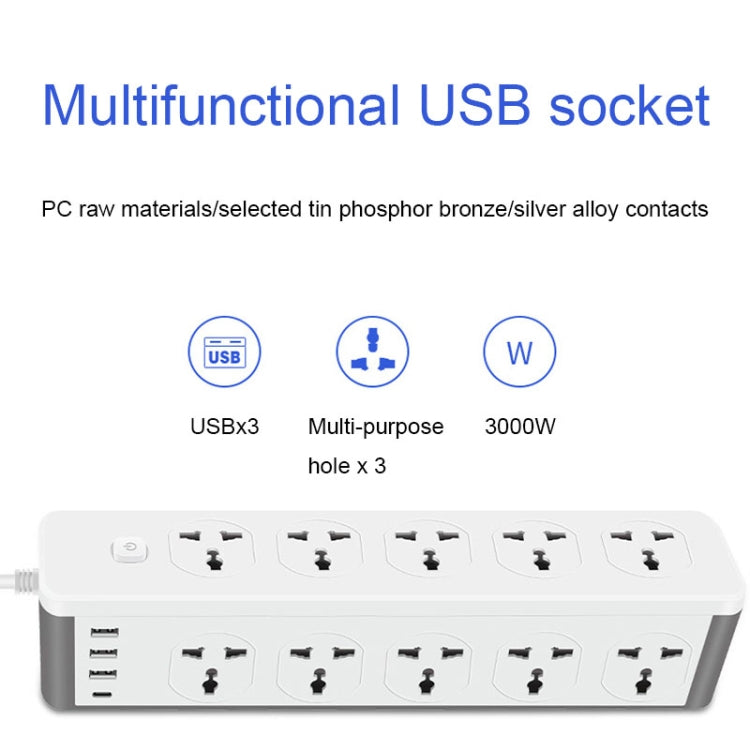 D15 2m 3000W 10 Plugs + PD + 3-USB Ports Vertical Socket With Switch, Specification: Two-pin US Plug - Extension Socket by buy2fix | Online Shopping UK | buy2fix