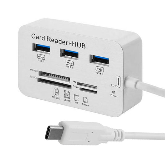 USB 3.1 Type-C COMBO 3 Ports HUB + MS DUO / SD(HC) / M2 / T-Flash Card Reader with LED Indication(Silver) - Computer & Networking by buy2fix | Online Shopping UK | buy2fix