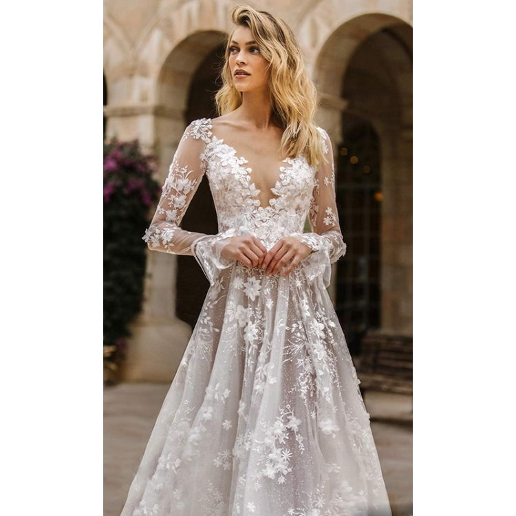 Women Sexy Lace Long Sleeve Evening Dress (Color:White Size:M) - Dress by buy2fix | Online Shopping UK | buy2fix